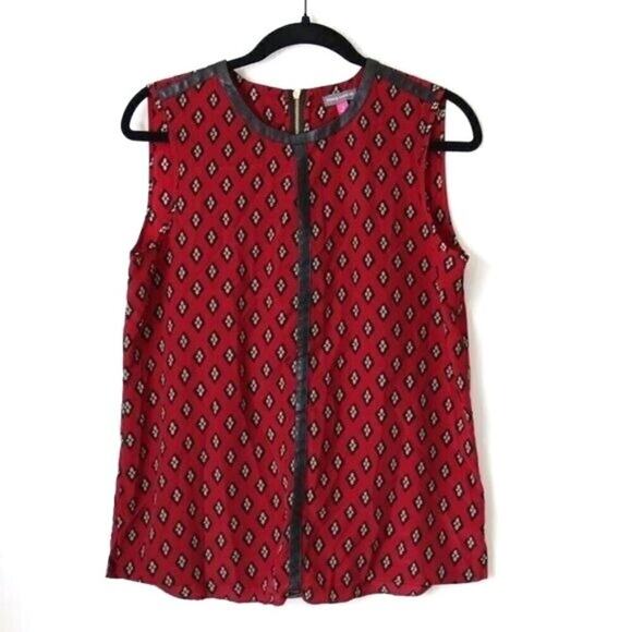 Vince Camuto Tops - Vince Camuto Red Geometric Tank with Vegan Leather Trim Small